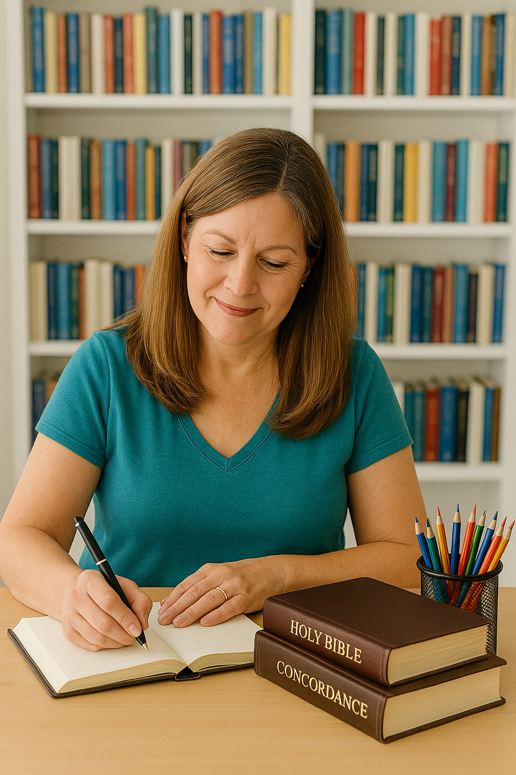 middle aged woman writing in a journal for Bible Study